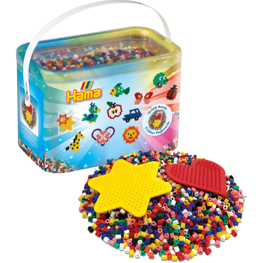 Hama Beads 10,000 Beads & 2 Coloured Pegboards in a Bucket